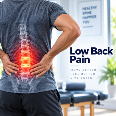 Man holding his lower back with highlighted area of low back pain