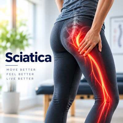 Woman with the sciatic nerve highlighted from the lower back down the leg