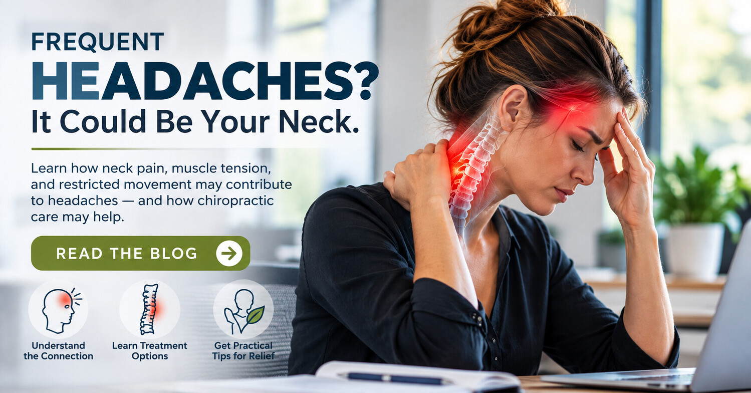Woman experiencing a headache with neck pain and tension while sitting at a desk