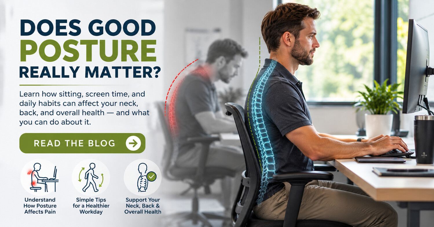 Good posture versus slouched sitting posture at a desk showing effects on the neck and back