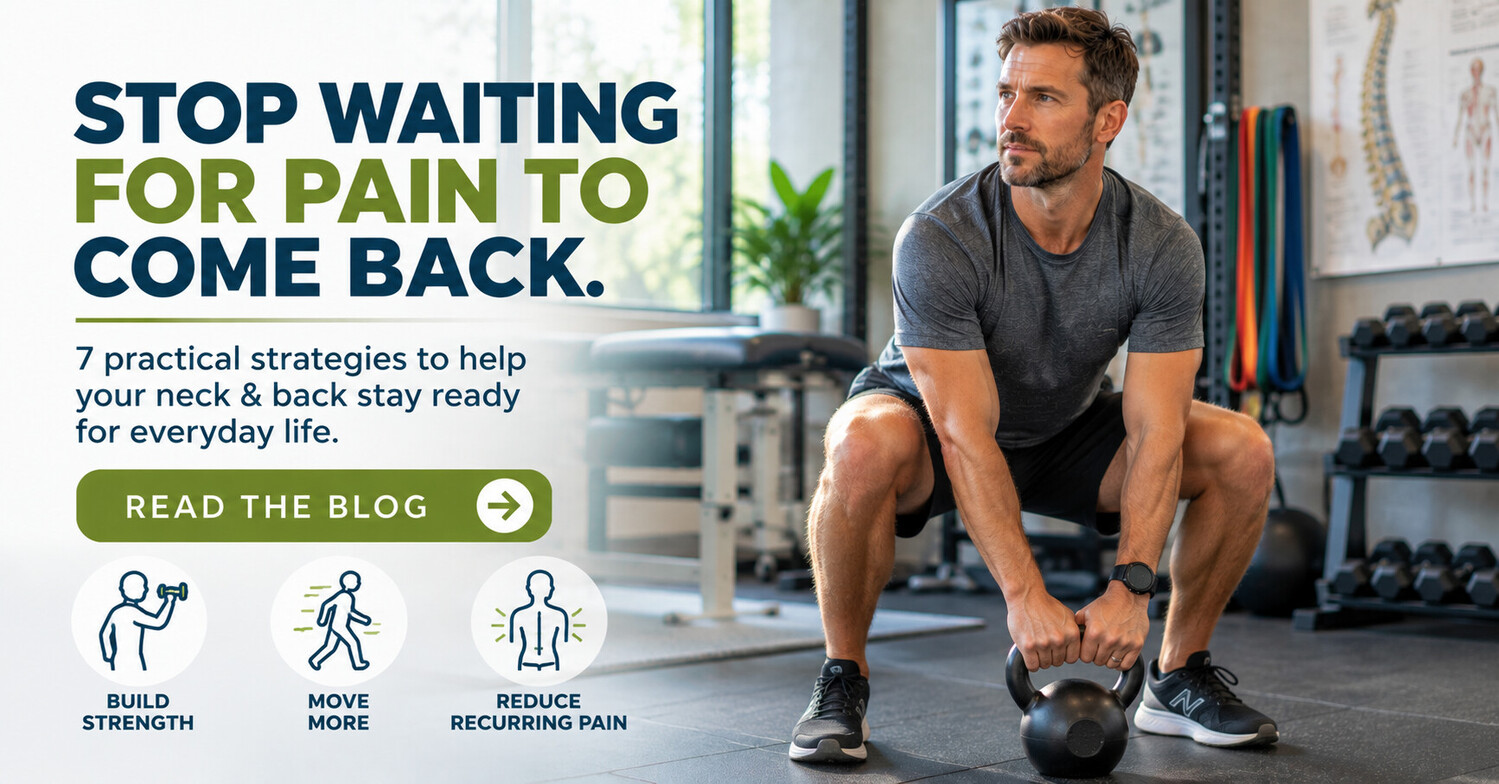 Adult exercising to build strength and reduce recurring neck and back pain