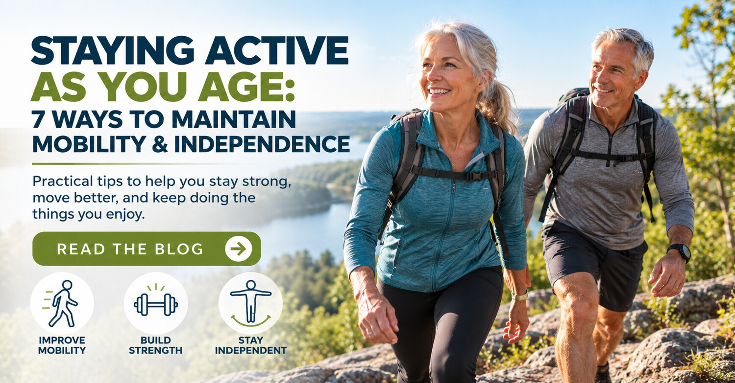 Active older couple hiking outdoors representing mobility, strength and independence with age