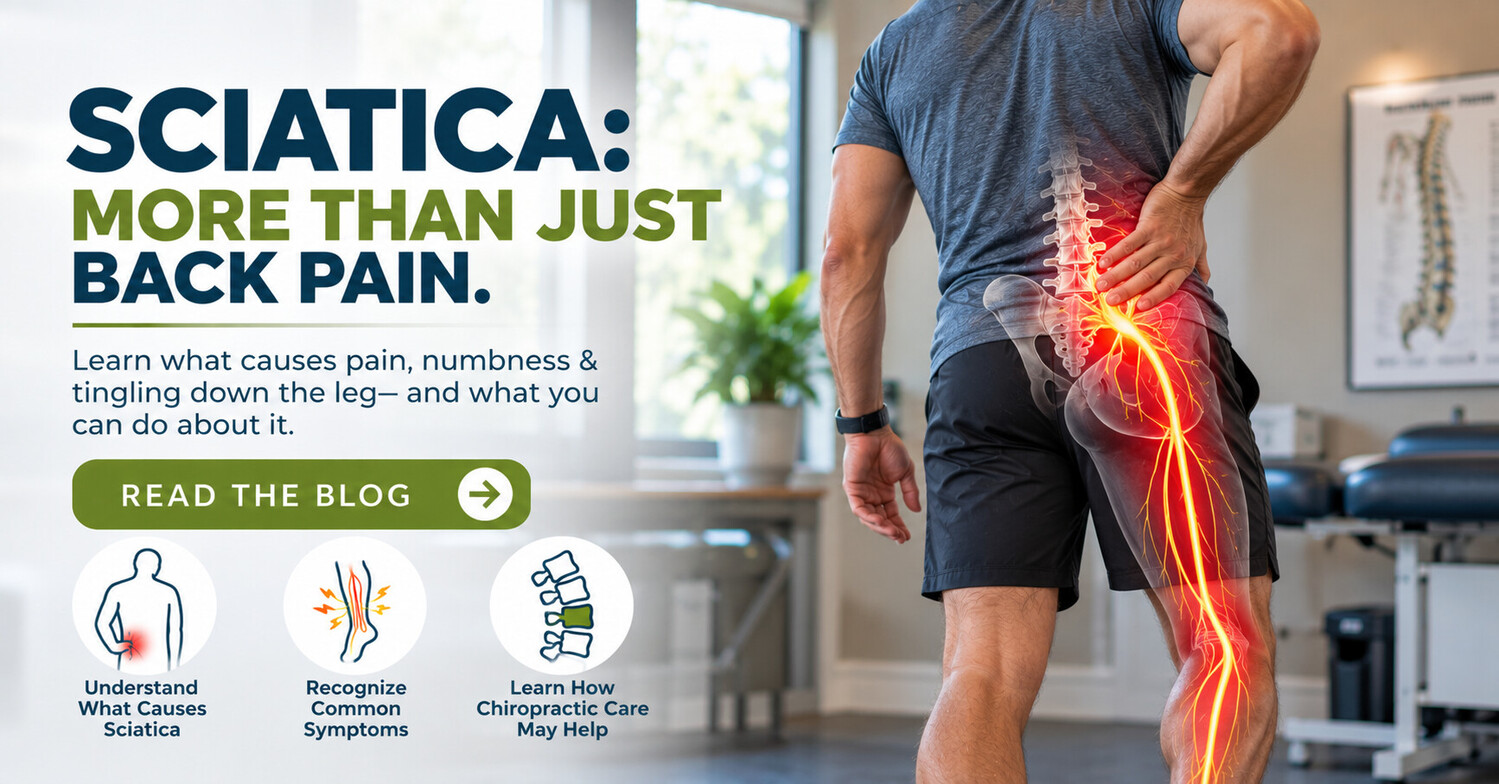 Man experiencing sciatica with the sciatic nerve highlighted from the lower back down the leg