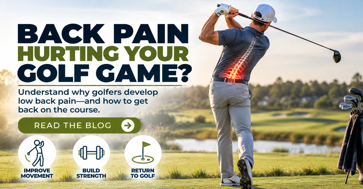 Golfer swinging a golf club with the lumbar spine highlighted to illustrate golf-related low back pain