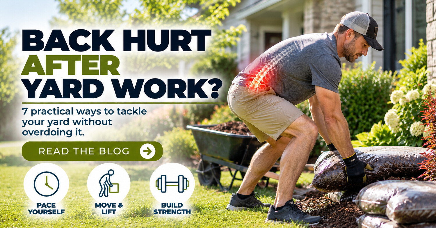 Homeowner doing yard work with the lower back highlighted to illustrate back pain from gardening and landscaping