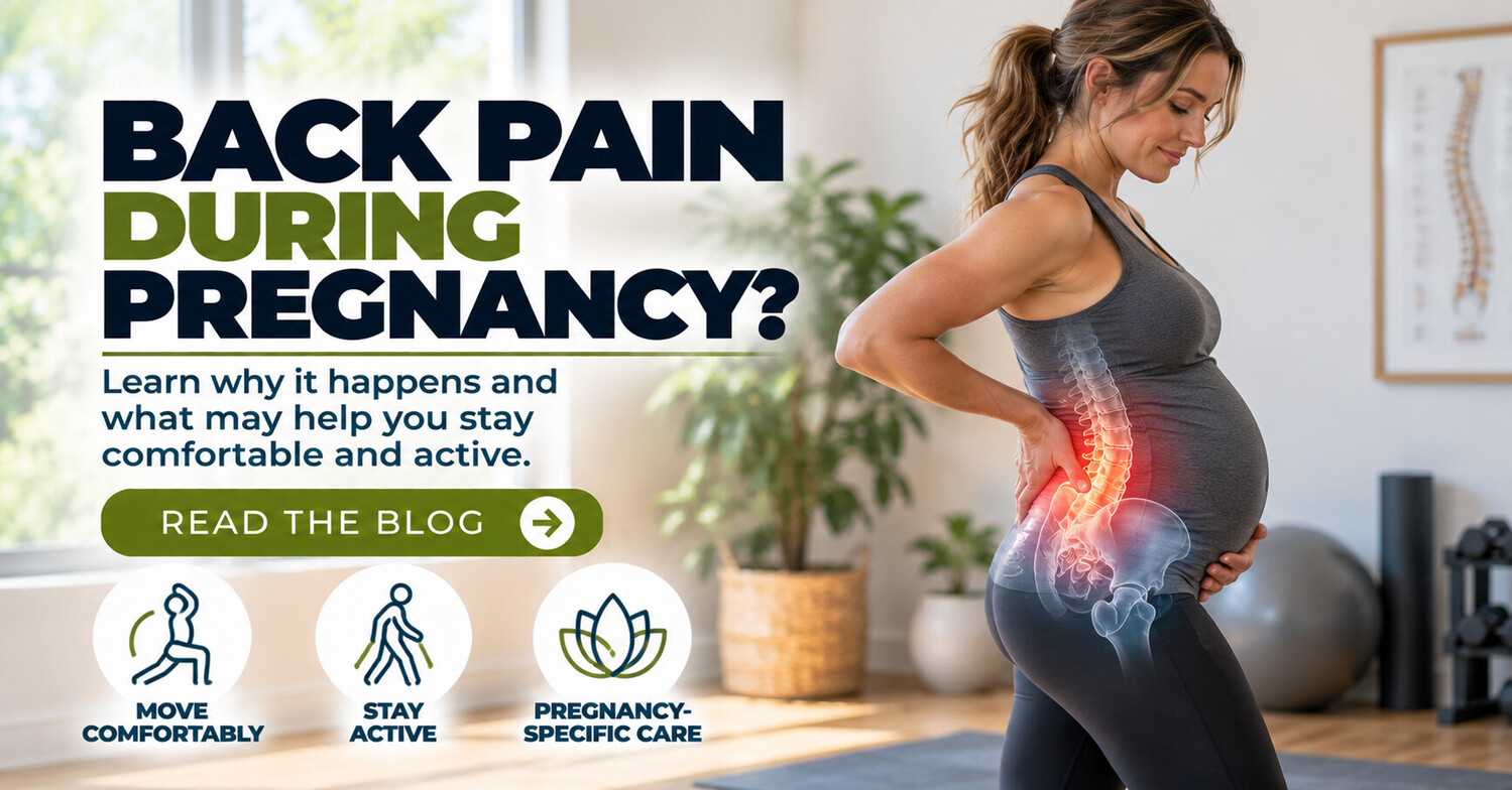 Pregnant woman with the lower back and pelvic region highlighted to illustrate pregnancy-related back pain