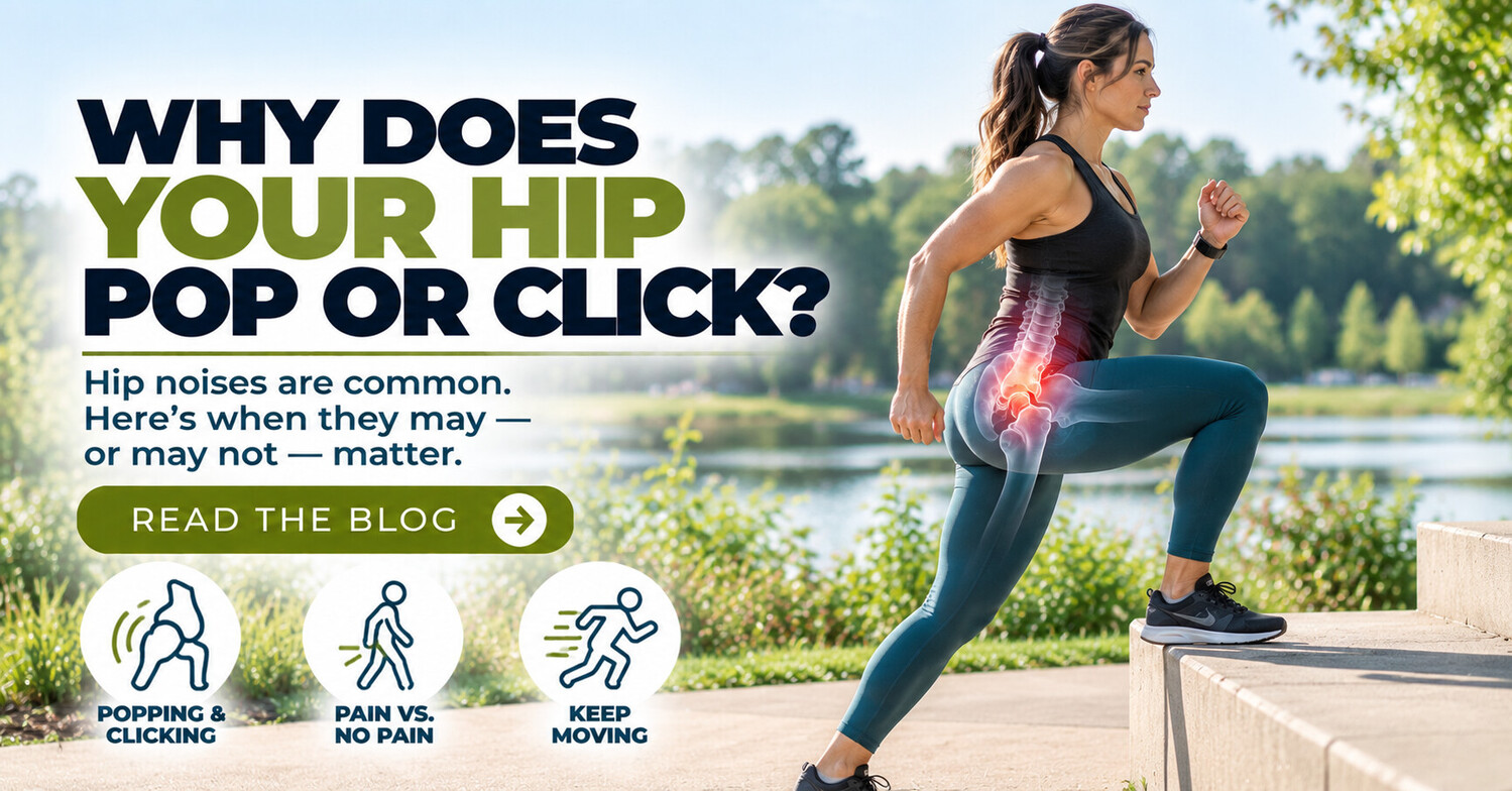 Active adult moving with the hip joint highlighted to illustrate clicking and popping of the hip