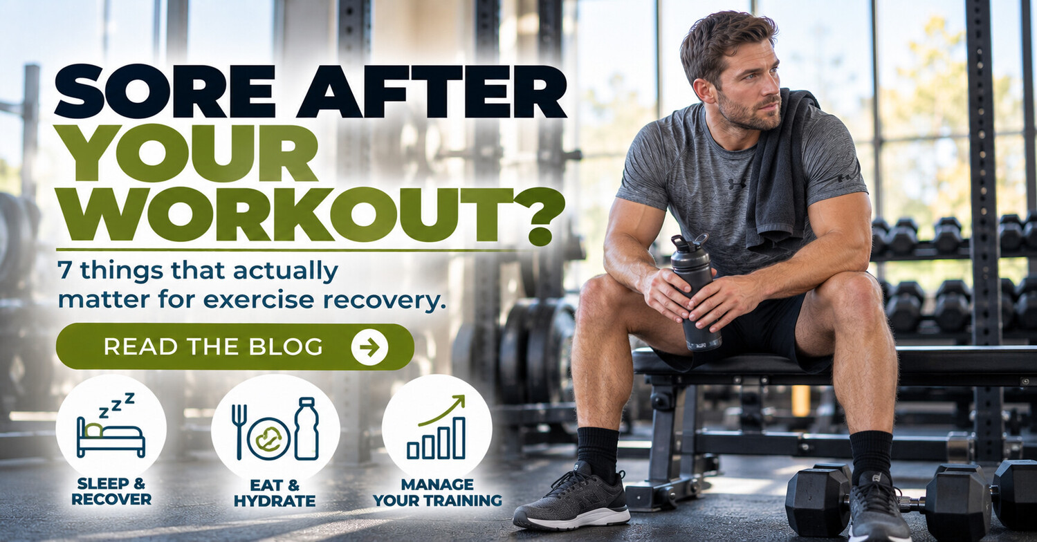 Active adult recovering after a strength training workout with water and gym equipment