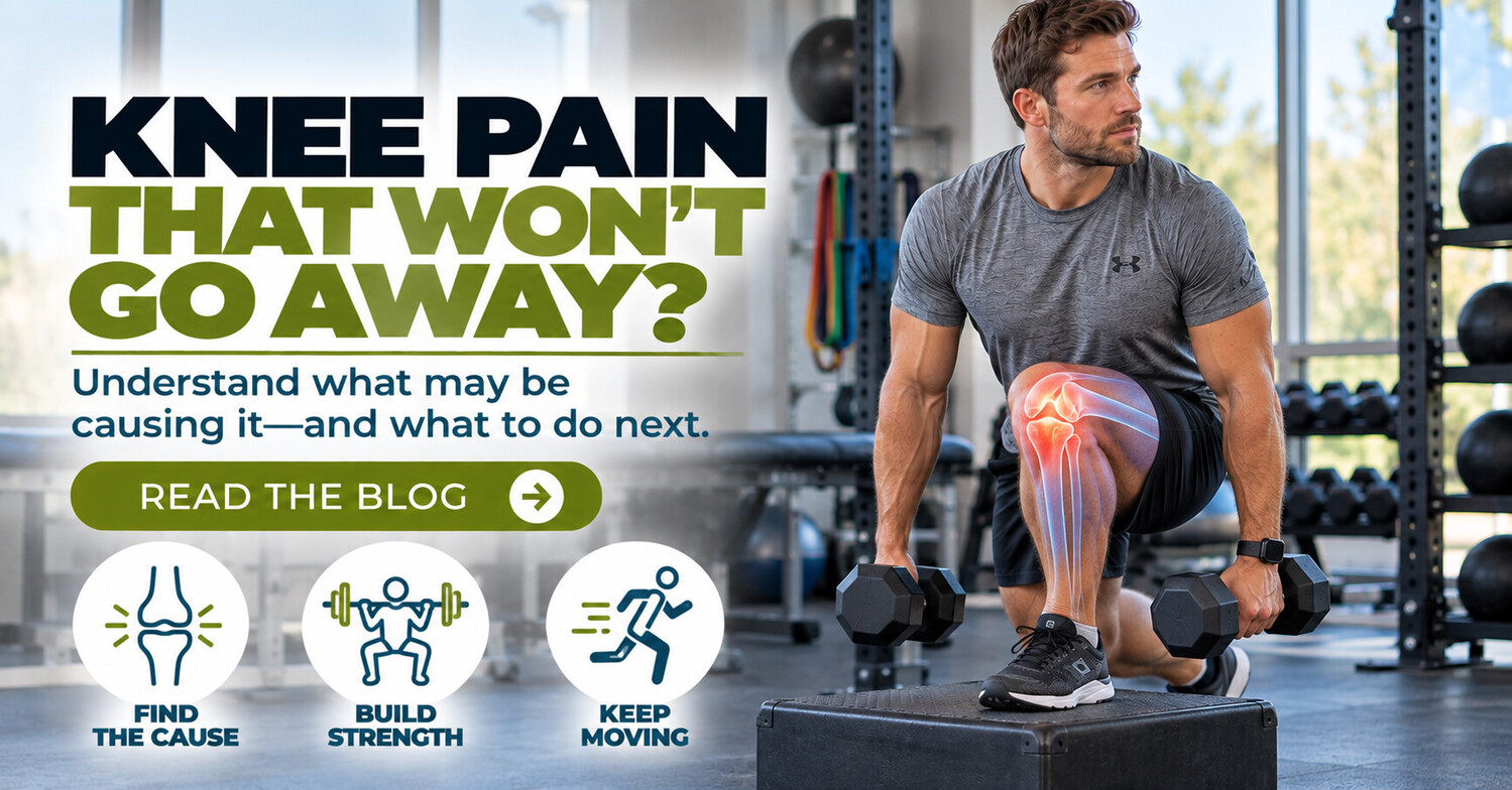 Active adult performing a strengthening exercise with the knee joint highlighted to illustrate persistent knee pain