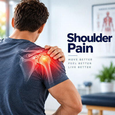 Man holding his shoulder with the shoulder joint highlighted