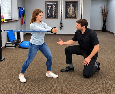 Patient performing resistance-band rehabilitation exercises with Dr. Greg Beenken at Northwood Chiropractic & Wellness in Maple Grove, MN