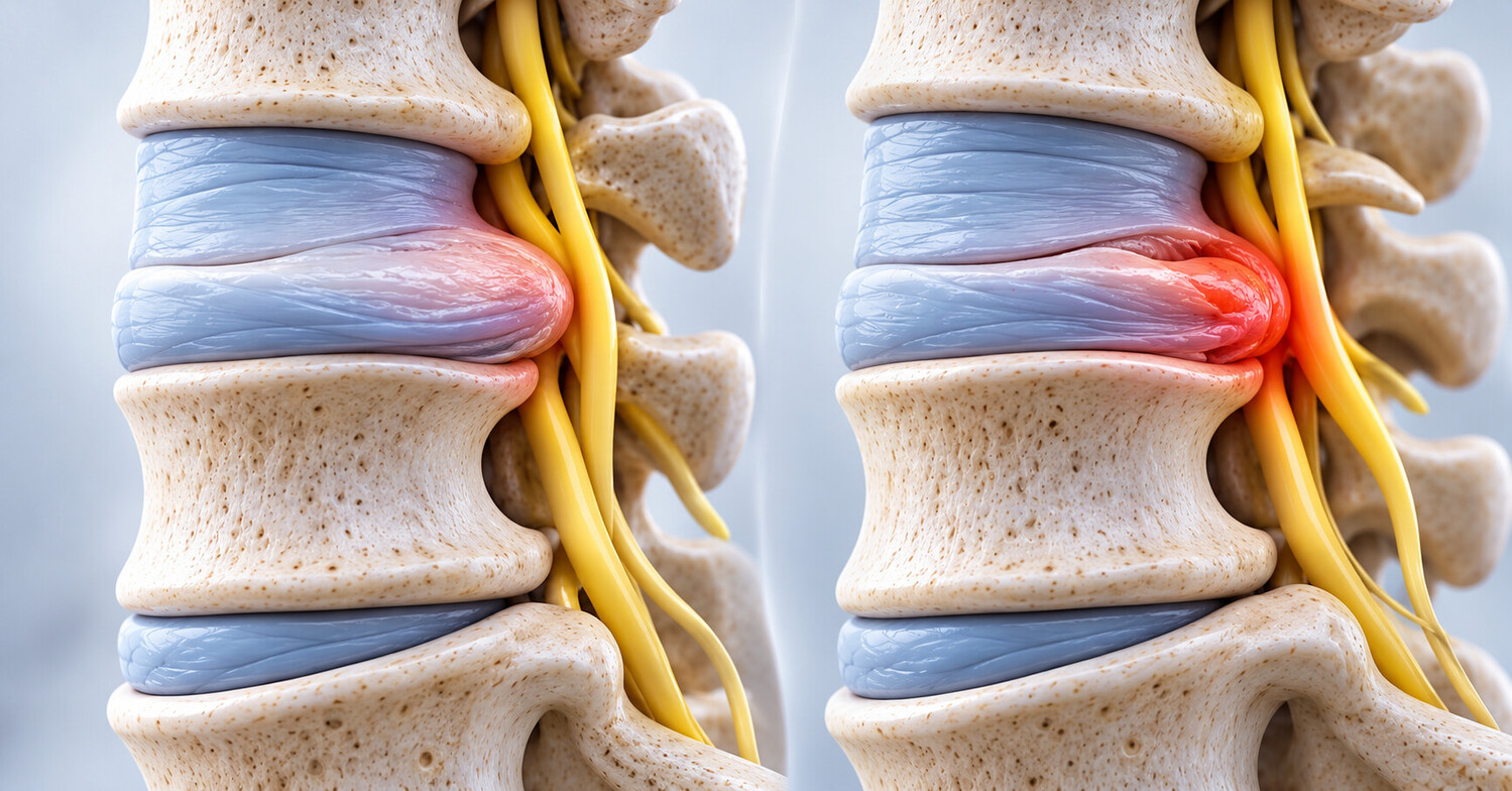 Bulging disc vs. herniated disc comparison showing lumbar disc changes and nerve compression
