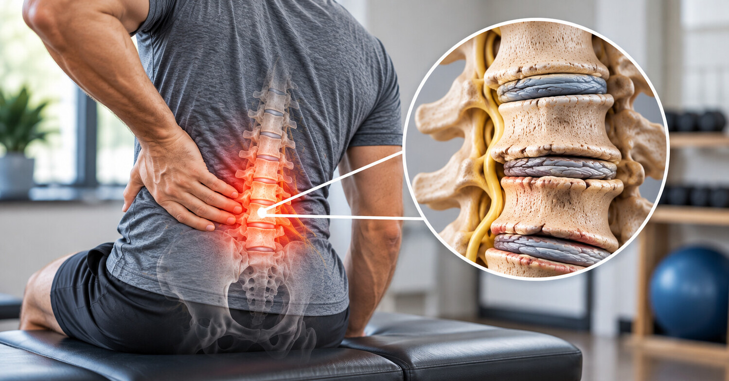 Man experiencing lower back pain with an anatomical illustration showing degenerative lumbar discs and reduced disc height
